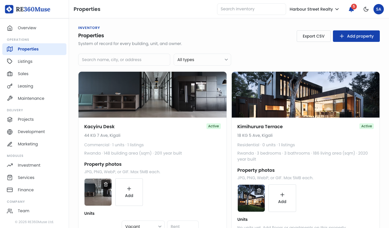 Properties desk in the RE360Muse workspace